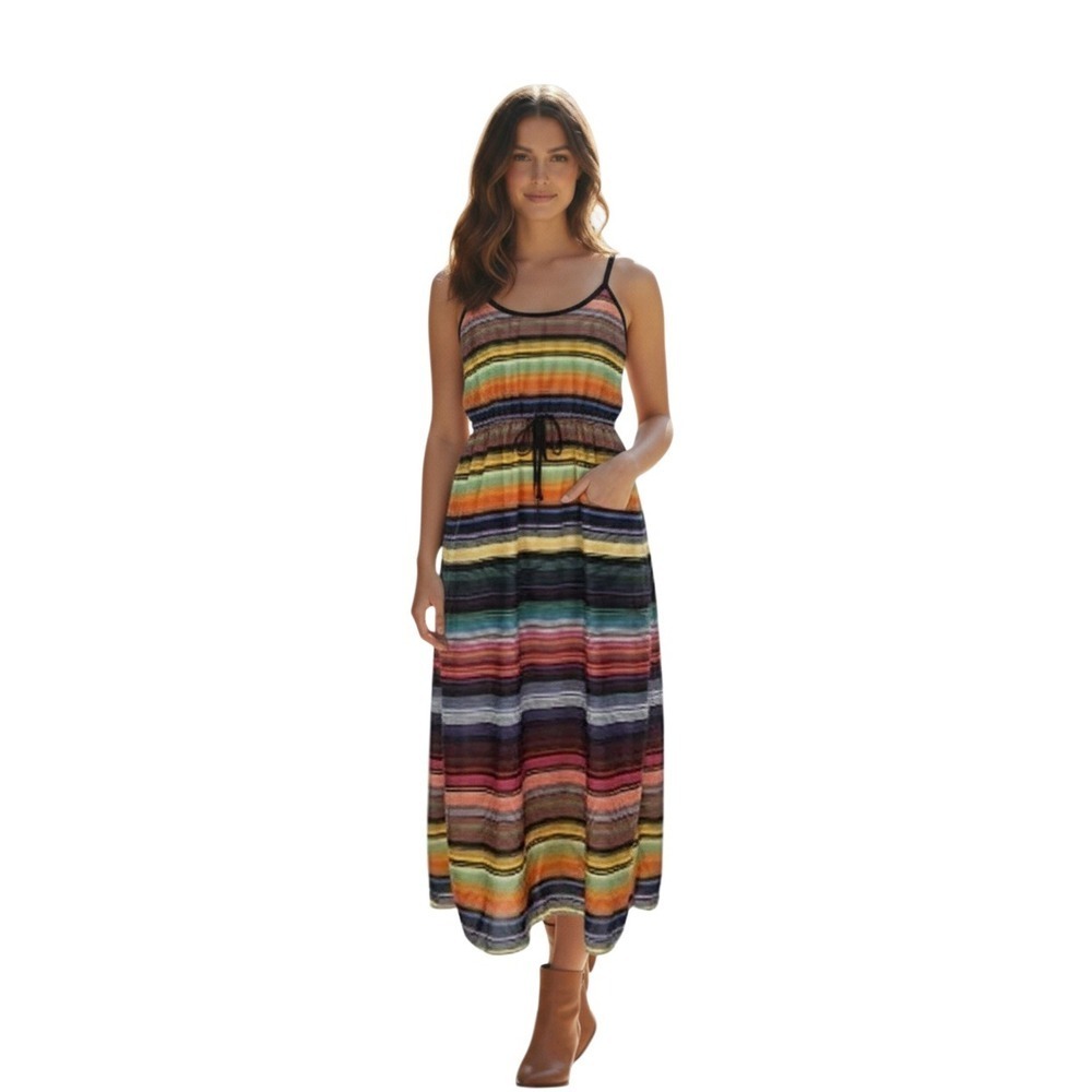 Athleta Striped Maxi Dress Drawstring W Spaghetti Strap Casual Vacation Size S